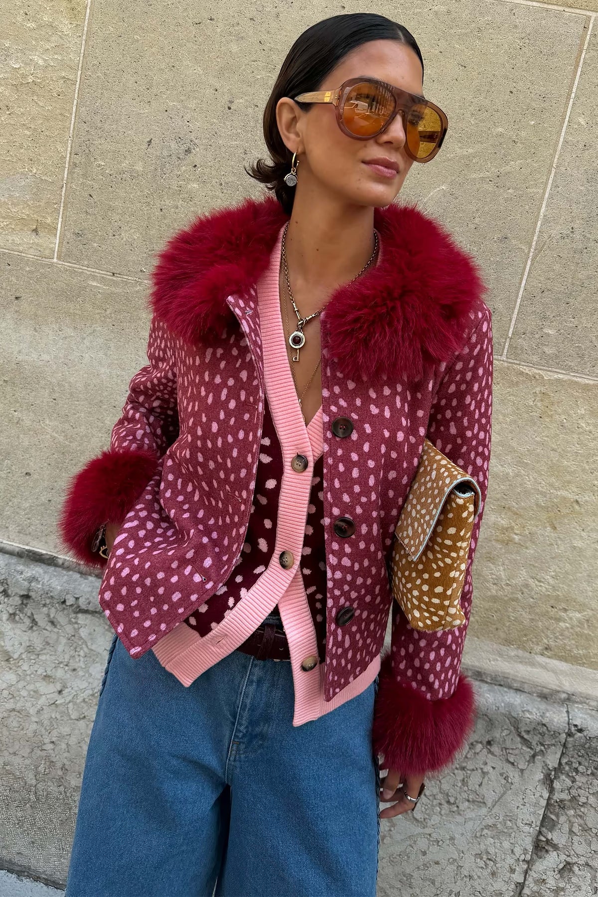 Burgandy Fawn Fur Trim Jacket