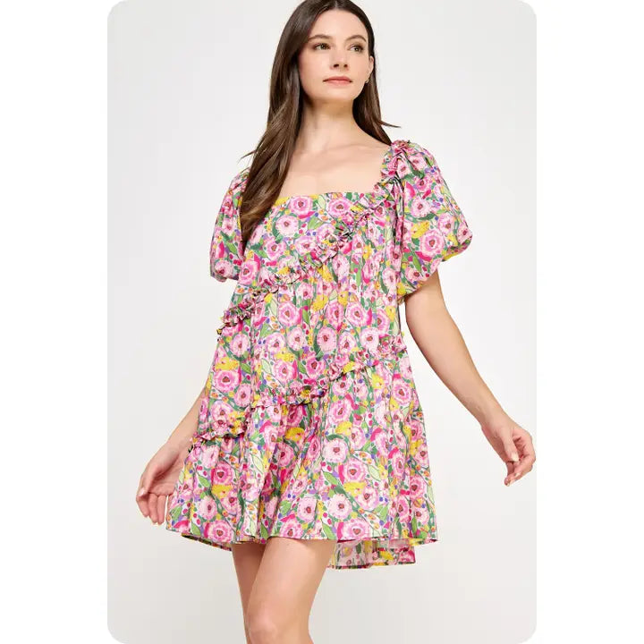 Floral Asymmetric Ruffle Poplin Mini Dress