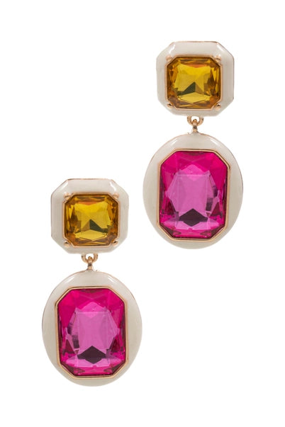 Square Shaped Multi Colored Glass Post Earrings PINK