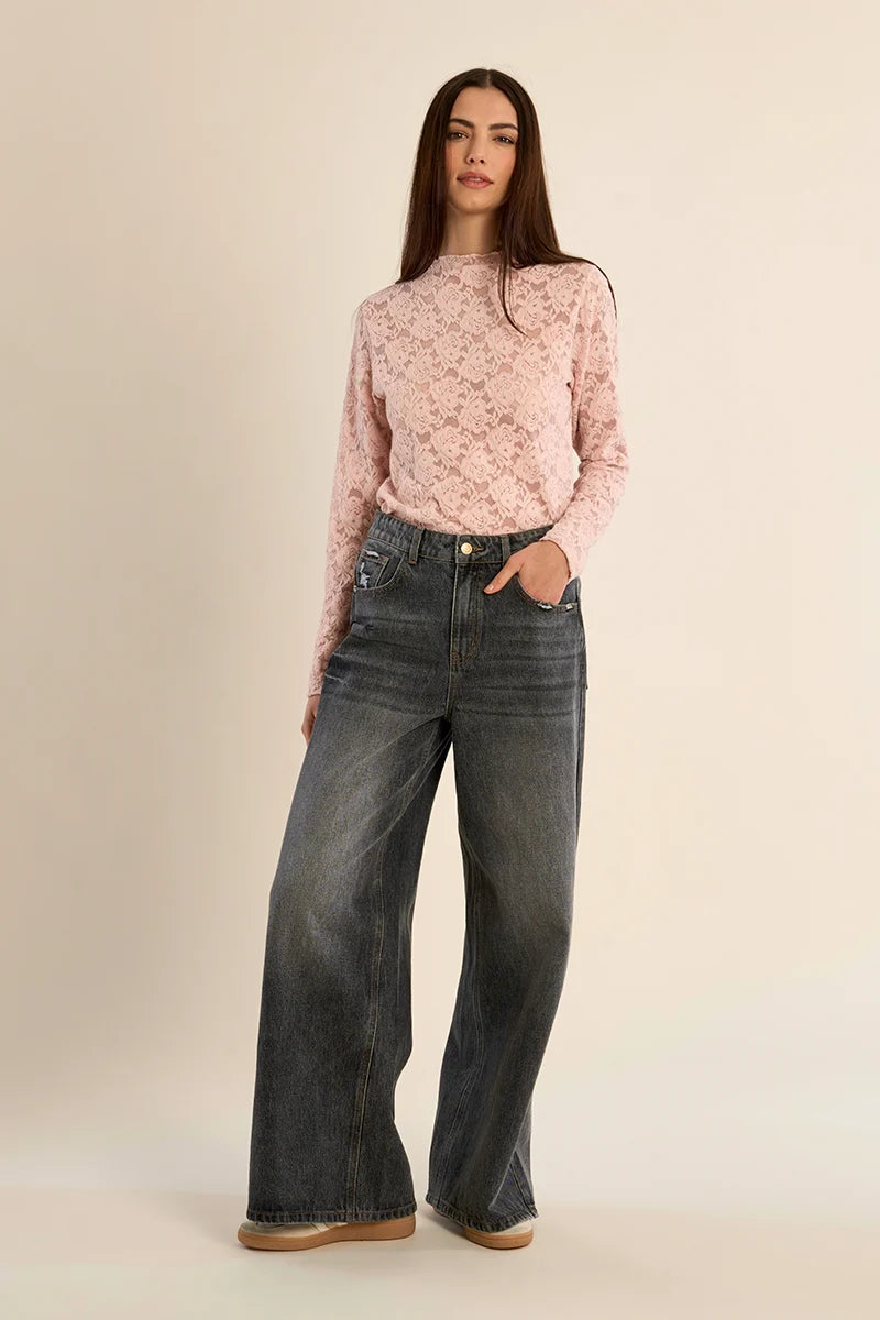 Pink Flocked Lace Top