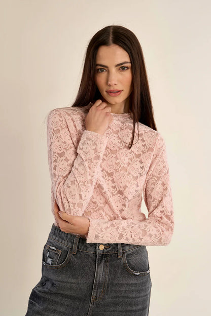 Pink Flocked Lace Top