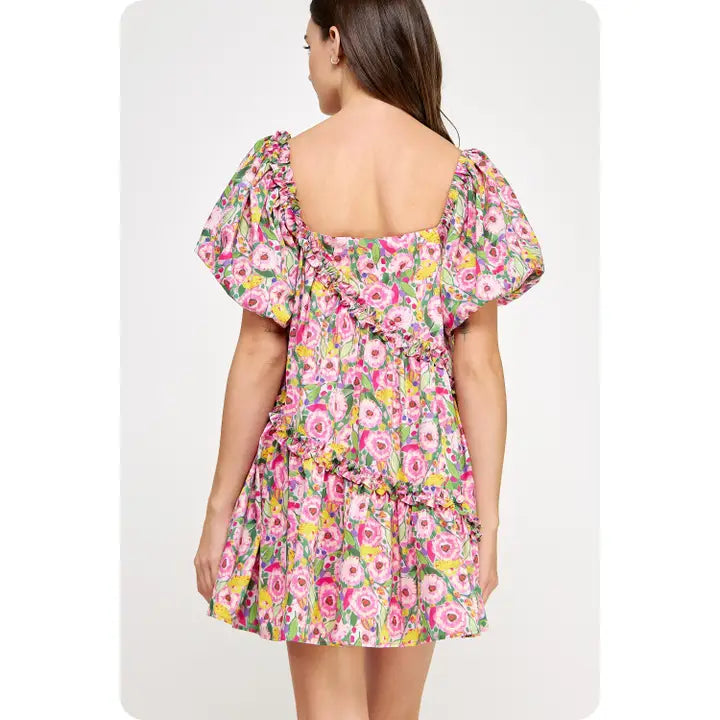 Floral Asymmetric Ruffle Poplin Mini Dress