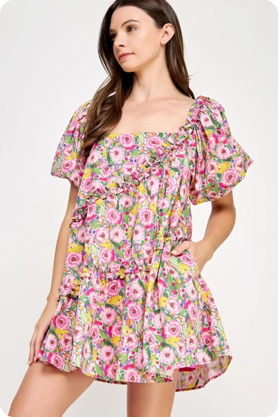 Floral Asymmetric Ruffle Poplin Mini Dress
