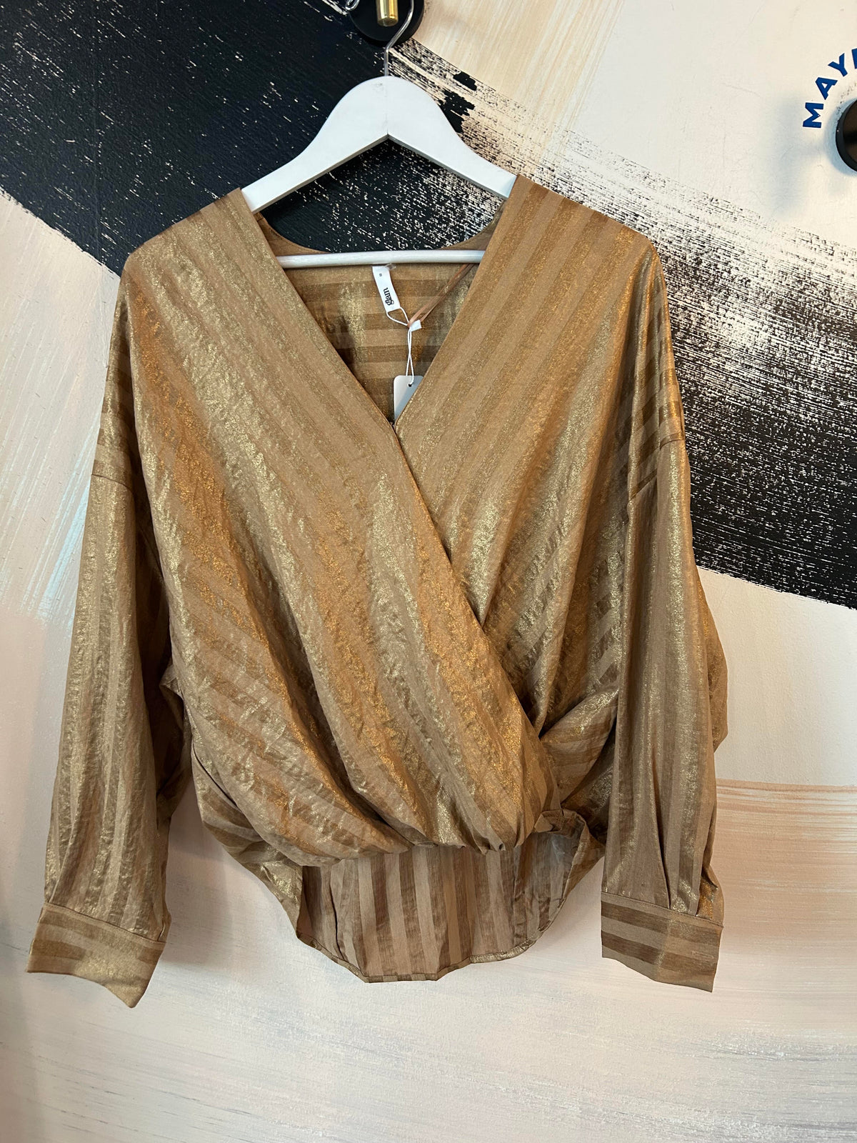 Metallic Striped Wrap Blouse