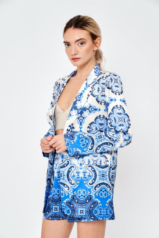 Patterned Blue Satin Blazer Jacket