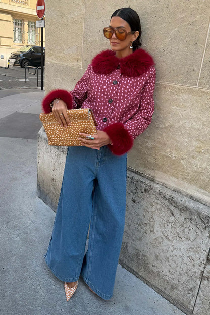 Burgandy Fawn Fur Trim Jacket