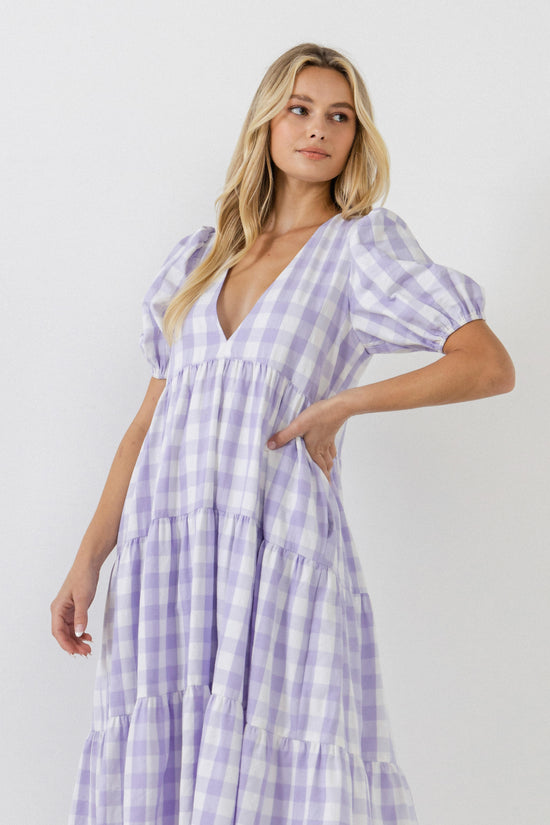 Gingham Puff Sleeve Tiered Maxi Dress